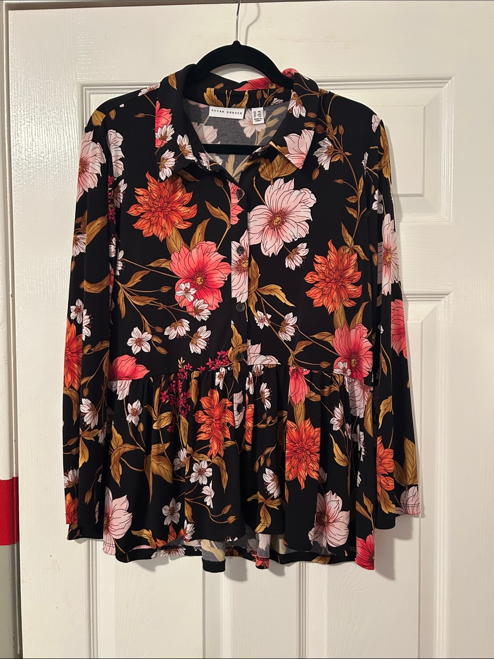 Susan Graver Black Floral Button-Front Peplum Tunic with Pink and Coral Blooms
